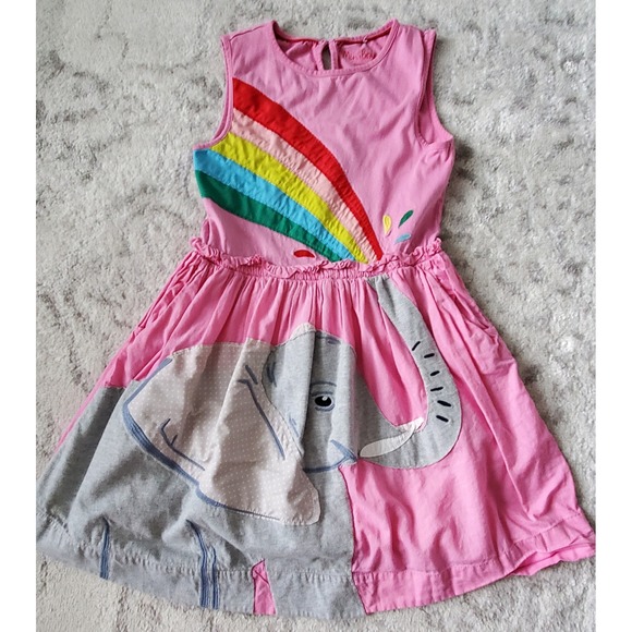 Mini Boden Other - Mini Boden Girls Pink Elephant Rainbow Applique Pocket Dress Size 9-10Y